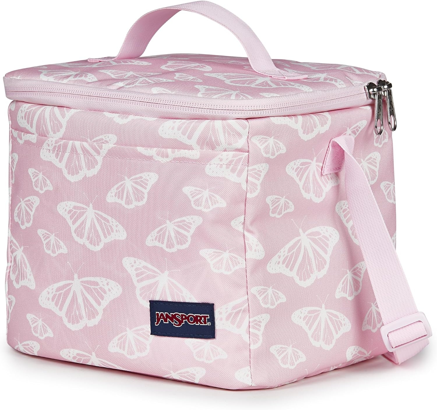 image:imageJanSport Super Snack Insulated Lunch Bag with BPAFree Liner Zipper Top Opening and Adjustable Shoulder Strap NavyFlutter By Pink IceWhitePink Ice
