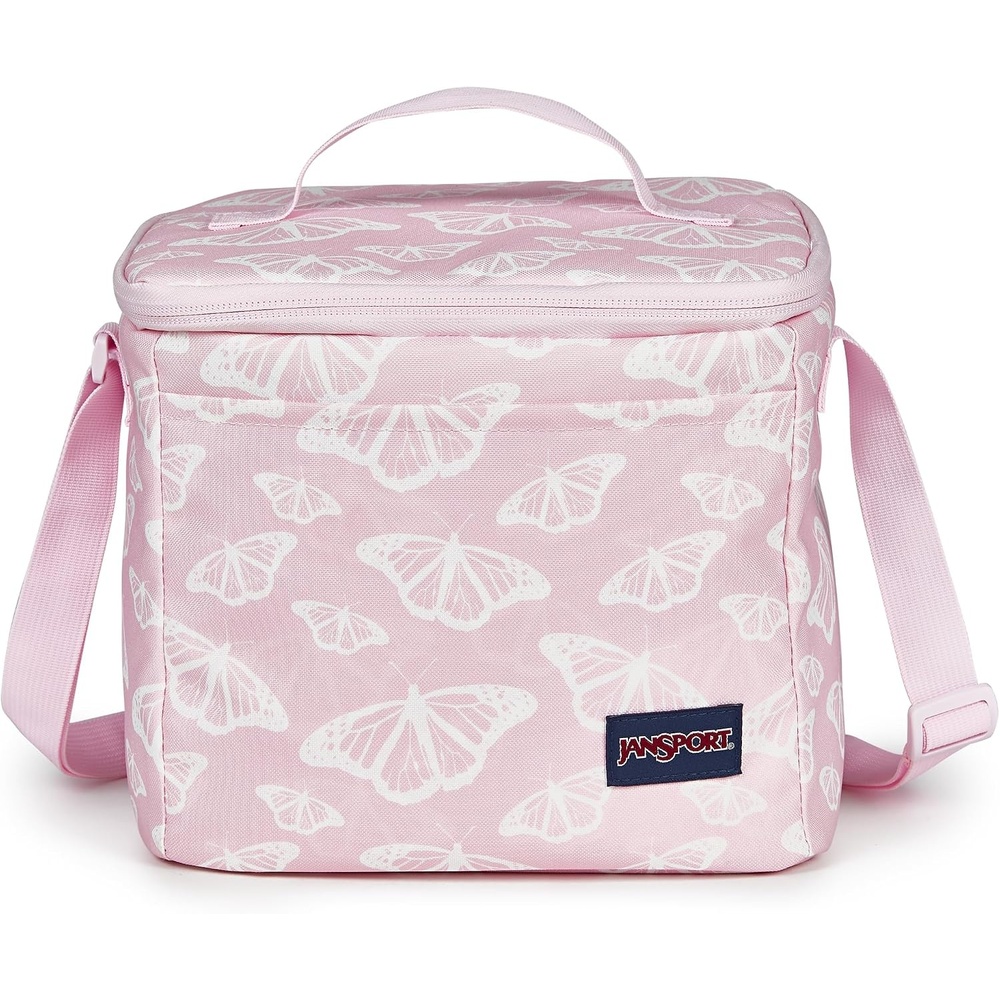 image:imageJanSport Super Snack Insulated Lunch Bag with BPAFree Liner Zipper Top Opening and Adjustable Shoulder Strap NavyFlutter By Pink IceWhitePink Ice