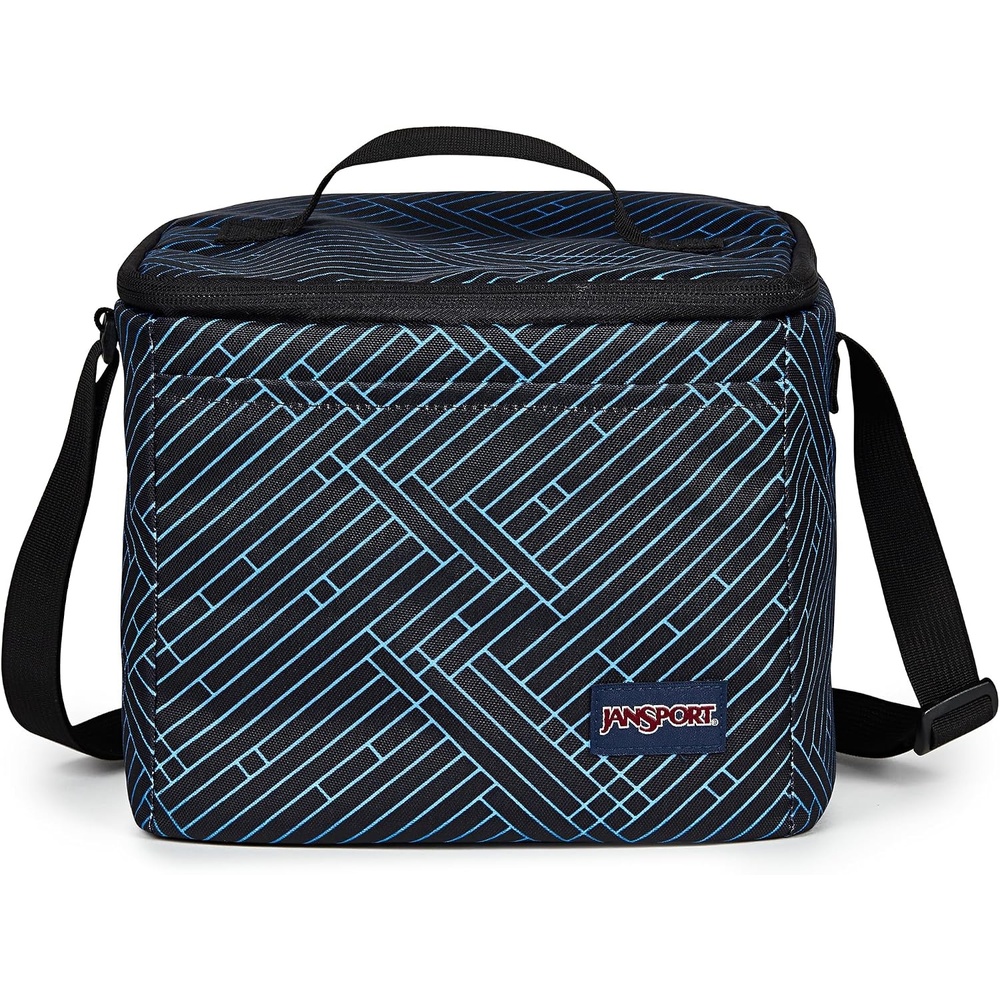 image:imageJanSport Super Snack Insulated Lunch Bag with BPAFree Liner Zipper Top Opening and Adjustable Shoulder Strap NavyTeam Stripes BlackBlackAzul