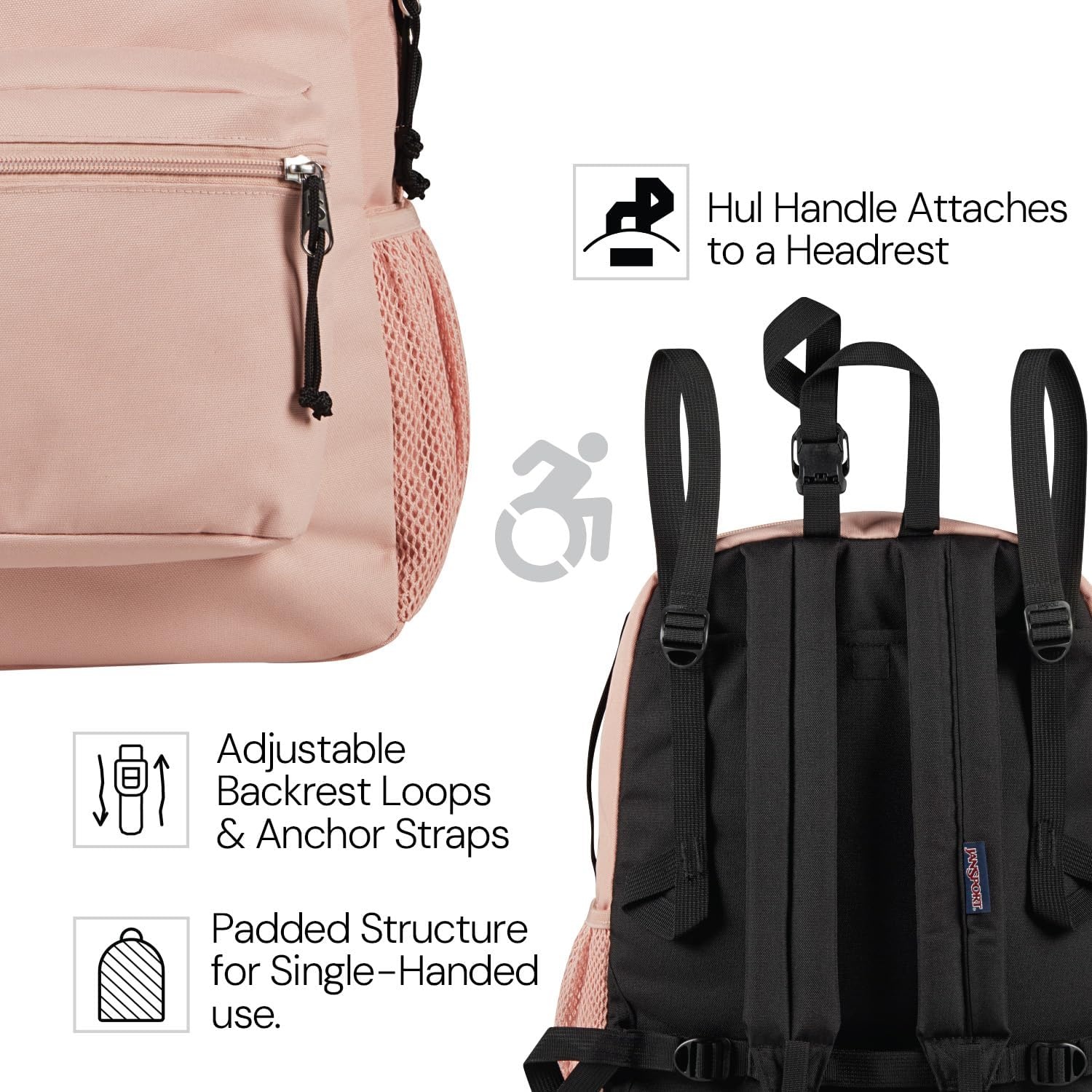 image:imageJanSport Central Adaptive Backpack Wheelchair amp Walker Compatible TuckAway Shoulder Straps Adjustable Backrest Loops amp Anchor Straps Iconic Design BlackMisty Rose