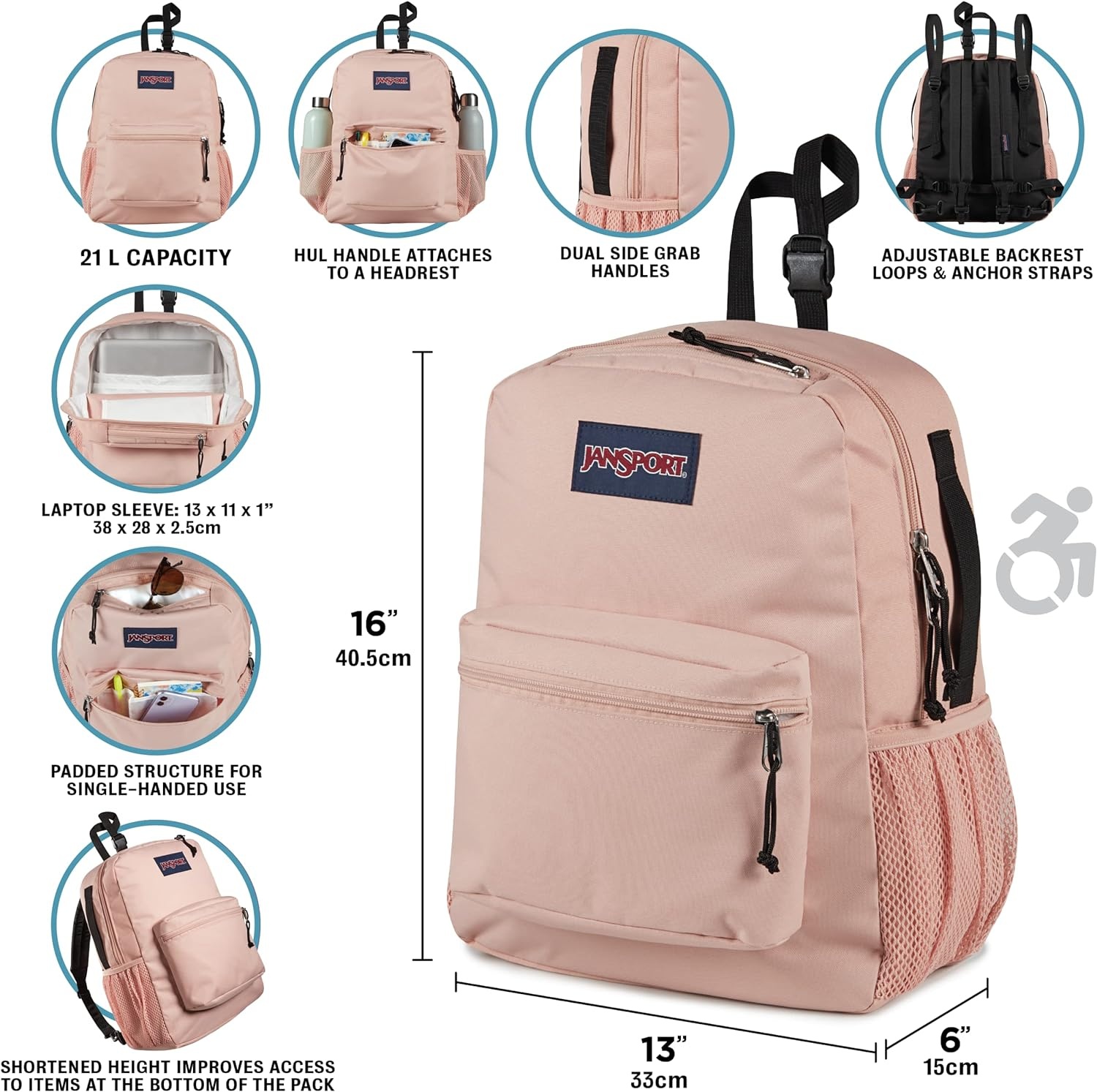 image:imageJanSport Central Adaptive Backpack Wheelchair amp Walker Compatible TuckAway Shoulder Straps Adjustable Backrest Loops amp Anchor Straps Iconic Design BlackFaded Floral Fresh Mint