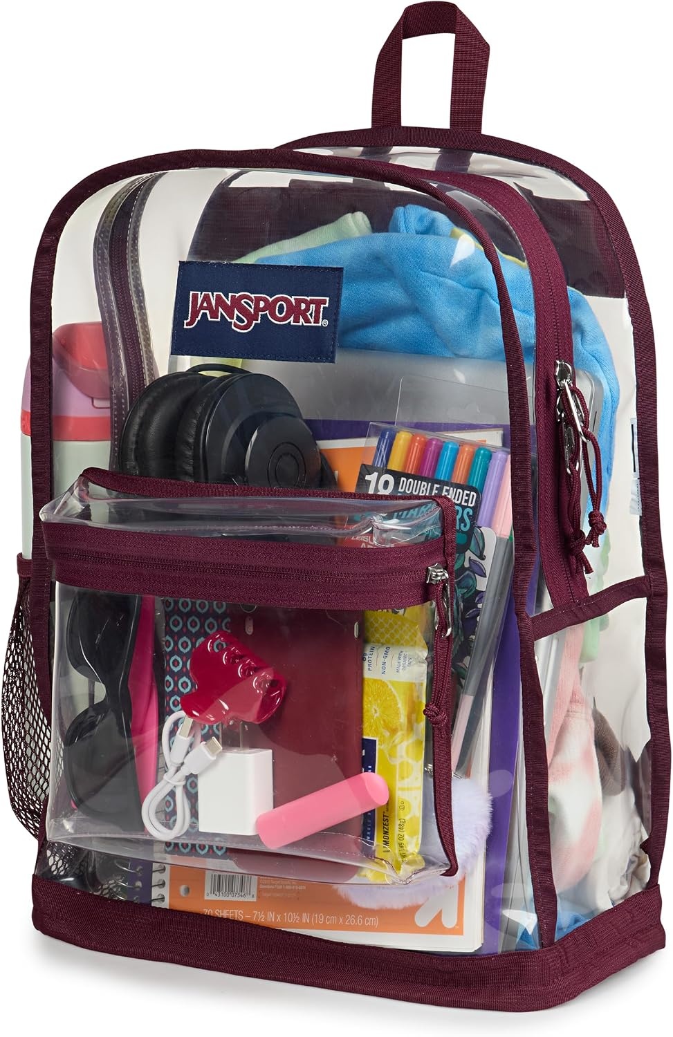 image:imageJanSport Clear Pack 255L Transparent Backpack Large Main Compartment Side Water Bottle Pocket Front Zippered Pocket Mesh Bottom Panel ClearCherry Lacquer
