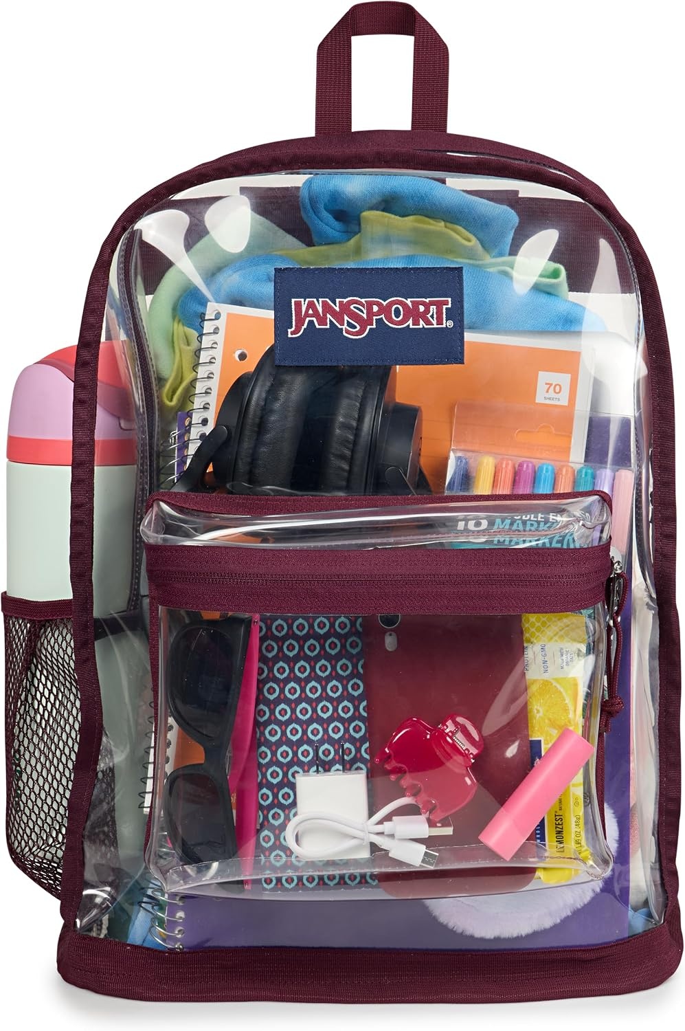 image:imageJanSport Clear Pack 255L Transparent Backpack Large Main Compartment Side Water Bottle Pocket Front Zippered Pocket Mesh Bottom Panel ClearCherry Lacquer