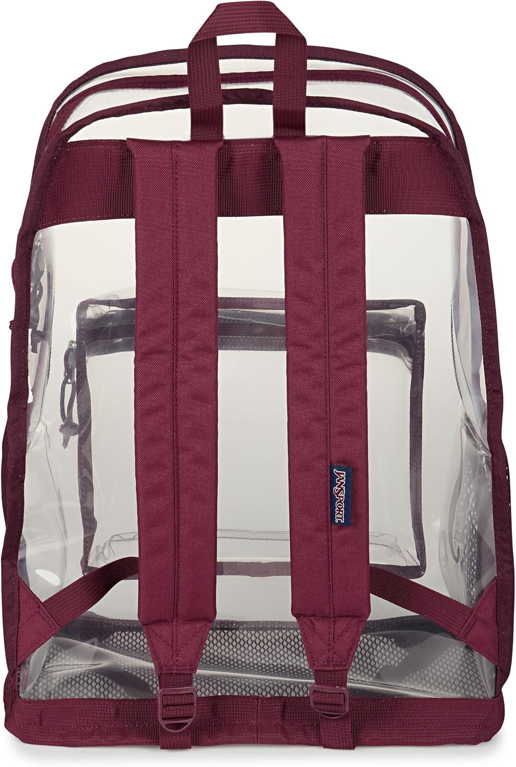 image:imageJanSport Clear Pack 255L Transparent Backpack Large Main Compartment Side Water Bottle Pocket Front Zippered Pocket Mesh Bottom Panel ClearCherry Lacquer