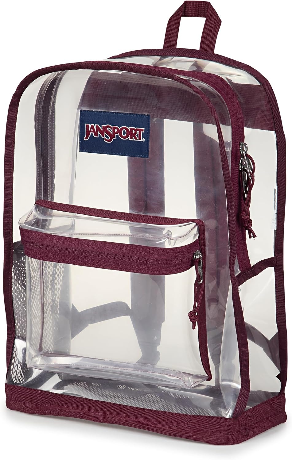 image:imageJanSport Clear Pack 255L Transparent Backpack Large Main Compartment Side Water Bottle Pocket Front Zippered Pocket Mesh Bottom Panel ClearCherry Lacquer