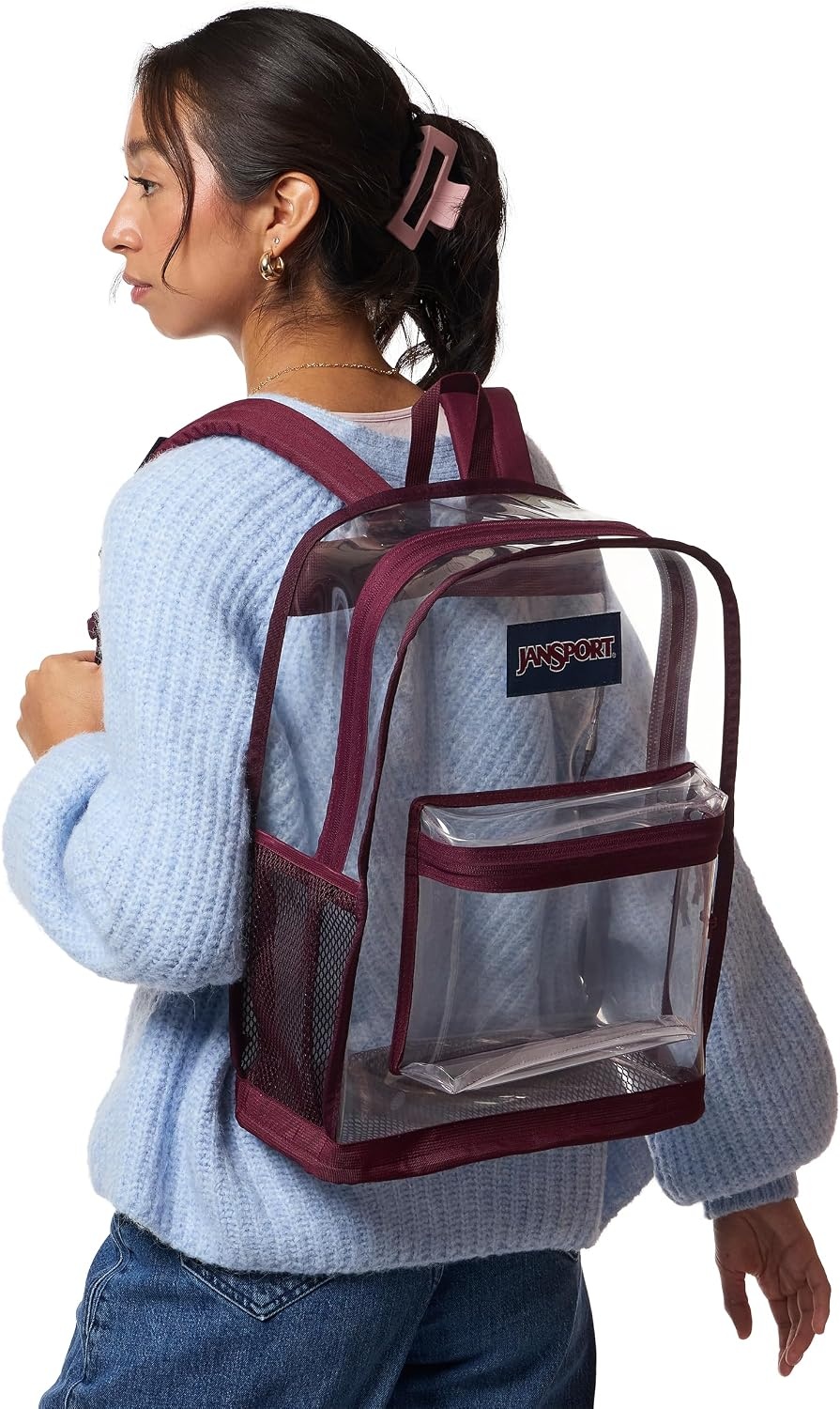 image:imageJanSport Clear Pack 255L Transparent Backpack Large Main Compartment Side Water Bottle Pocket Front Zippered Pocket Mesh Bottom Panel ClearCherry Lacquer
