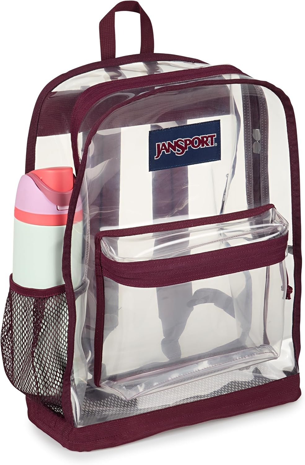 image:imageJanSport Clear Pack 255L Transparent Backpack Large Main Compartment Side Water Bottle Pocket Front Zippered Pocket Mesh Bottom Panel ClearCherry Lacquer