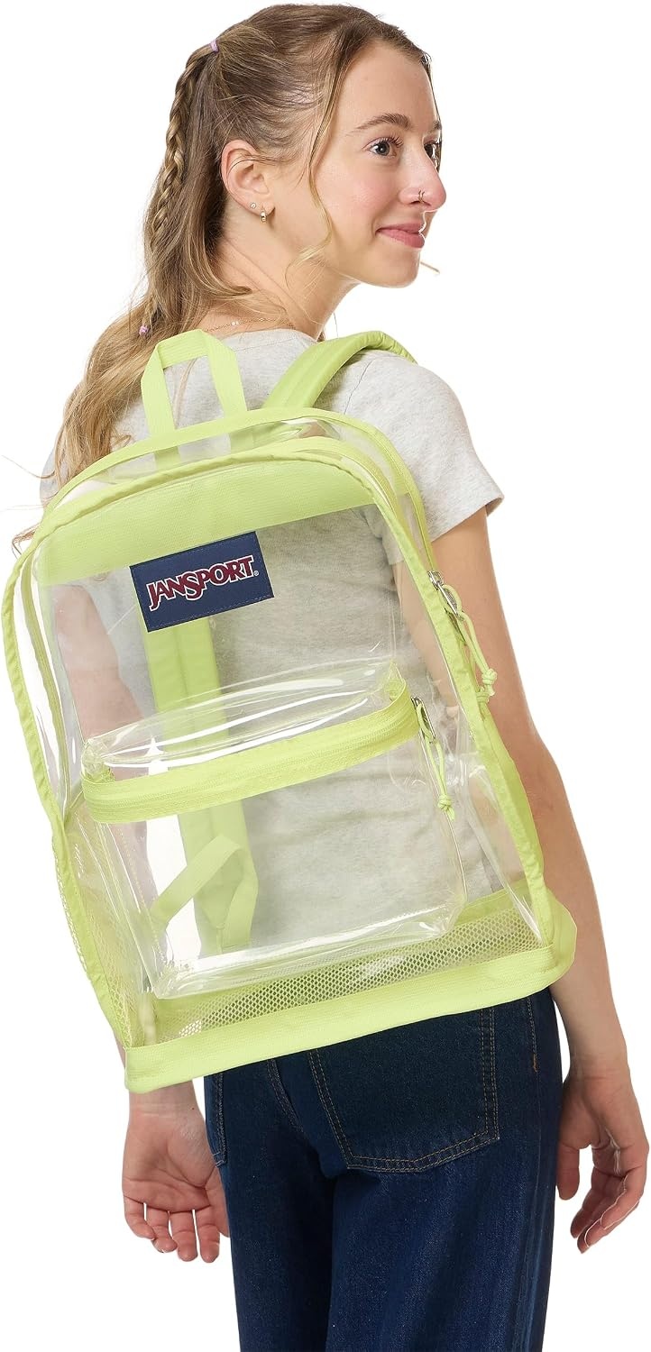 image:imageJanSport Clear Pack 255L Transparent Backpack Large Main Compartment Side Water Bottle Pocket Front Zippered Pocket Mesh Bottom Panel ClearCitron Lime