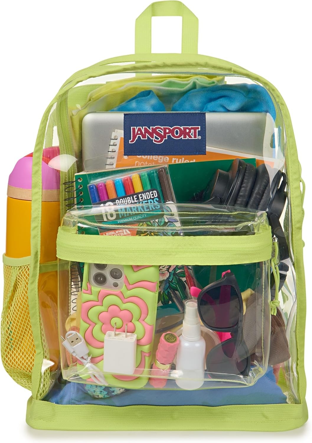image:imageJanSport Clear Pack 255L Transparent Backpack Large Main Compartment Side Water Bottle Pocket Front Zippered Pocket Mesh Bottom Panel ClearCitron Lime