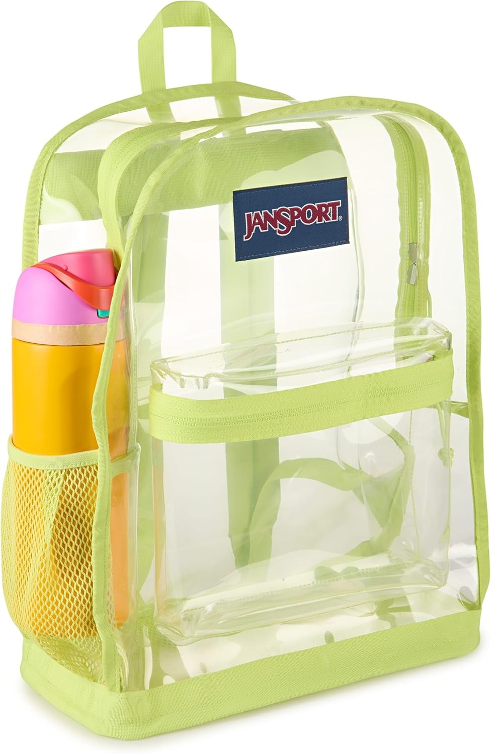 image:imageJanSport Clear Pack 255L Transparent Backpack Large Main Compartment Side Water Bottle Pocket Front Zippered Pocket Mesh Bottom Panel ClearCitron Lime