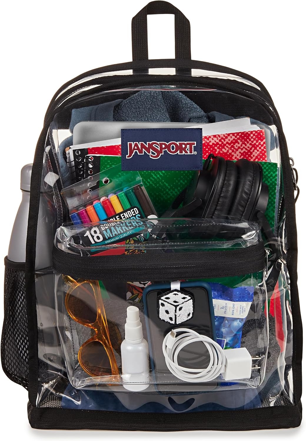 image:imageJanSport Clear Pack 255L Transparent Backpack Large Main Compartment Side Water Bottle Pocket Front Zippered Pocket Mesh Bottom Panel ClearClear