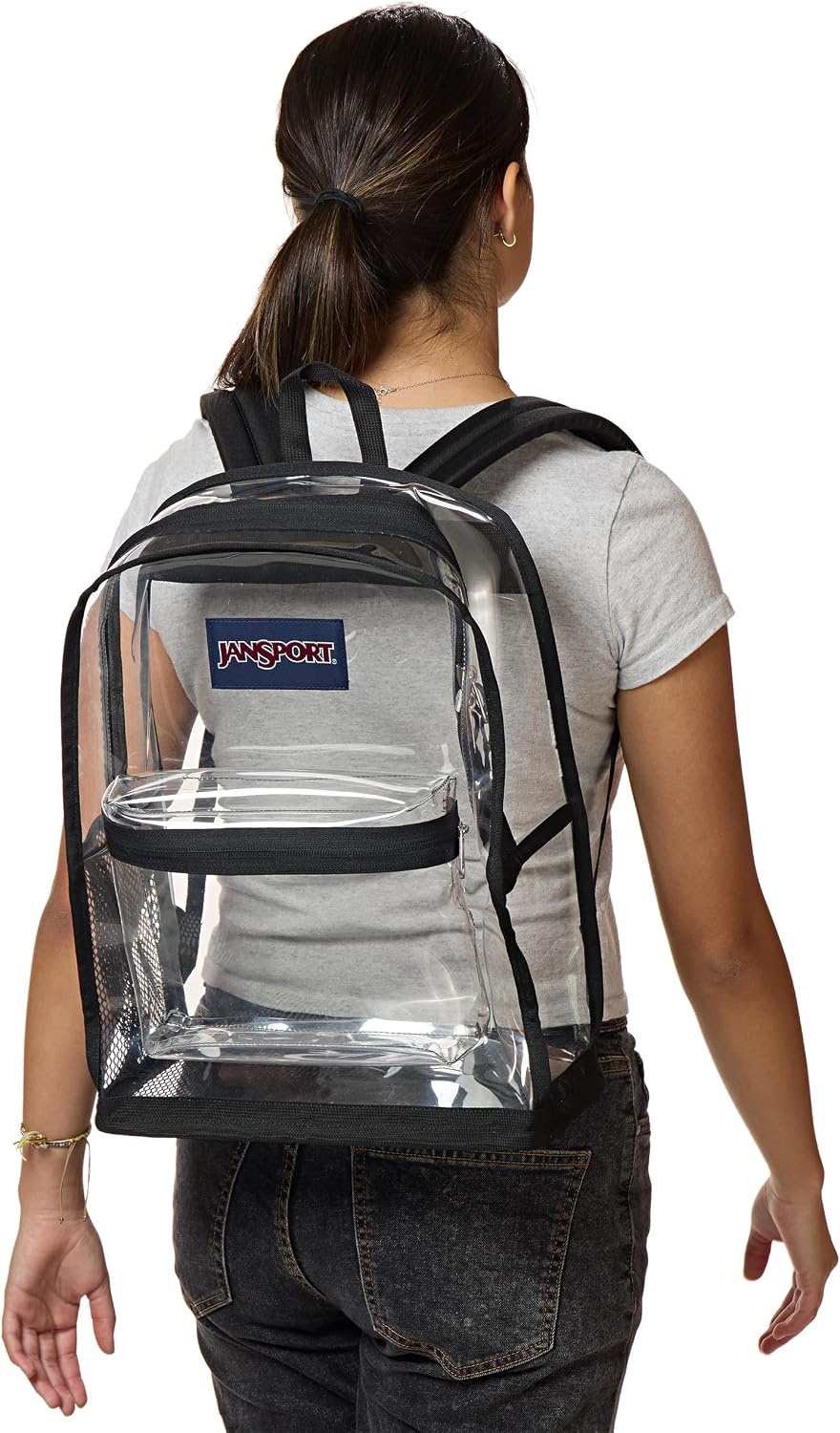 image:imageJanSport Clear Pack 255L Transparent Backpack Large Main Compartment Side Water Bottle Pocket Front Zippered Pocket Mesh Bottom Panel ClearClear