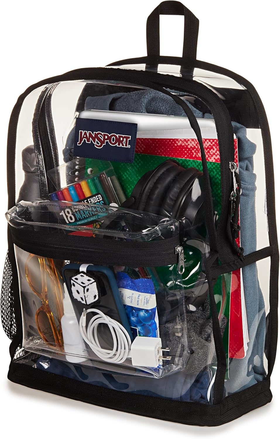image:imageJanSport Clear Pack 255L Transparent Backpack Large Main Compartment Side Water Bottle Pocket Front Zippered Pocket Mesh Bottom Panel ClearClear
