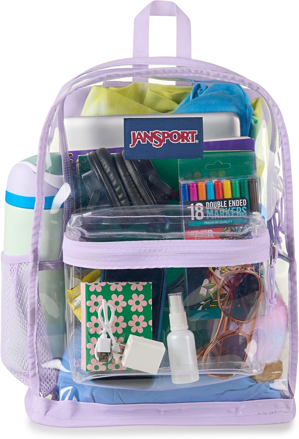 image:imageJanSport Clear Pack 255L Transparent Backpack Large Main Compartment Side Water Bottle Pocket Front Zippered Pocket Mesh Bottom Panel ClearPastel Lilac