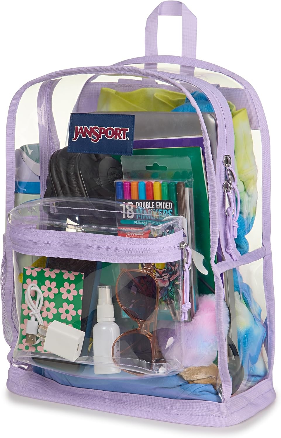 image:imageJanSport Clear Pack 255L Transparent Backpack Large Main Compartment Side Water Bottle Pocket Front Zippered Pocket Mesh Bottom Panel ClearPastel Lilac