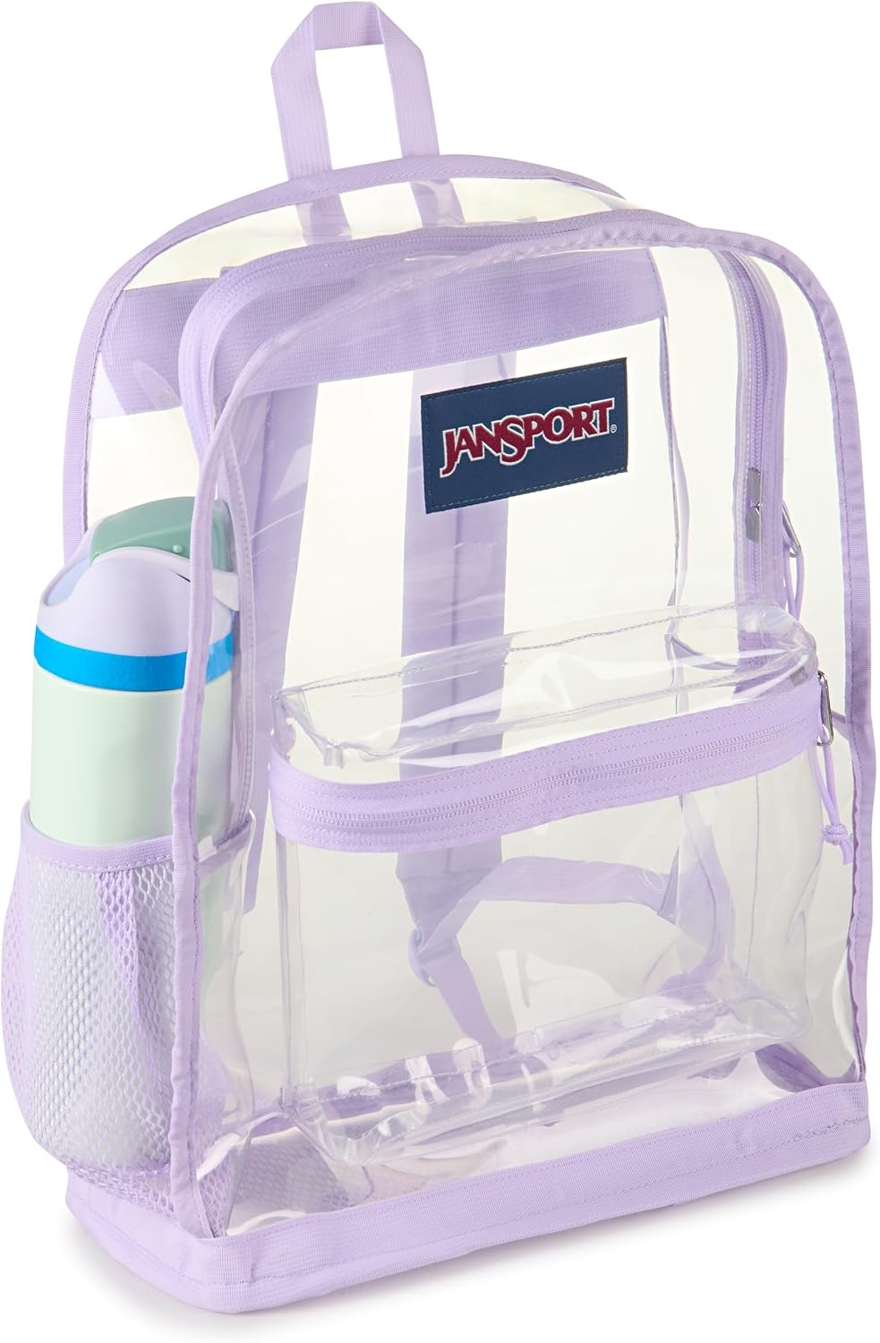 image:imageJanSport Clear Pack 255L Transparent Backpack Large Main Compartment Side Water Bottle Pocket Front Zippered Pocket Mesh Bottom Panel ClearPastel Lilac