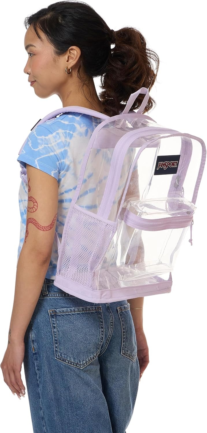 image:imageJanSport Clear Pack 255L Transparent Backpack Large Main Compartment Side Water Bottle Pocket Front Zippered Pocket Mesh Bottom Panel ClearPastel Lilac