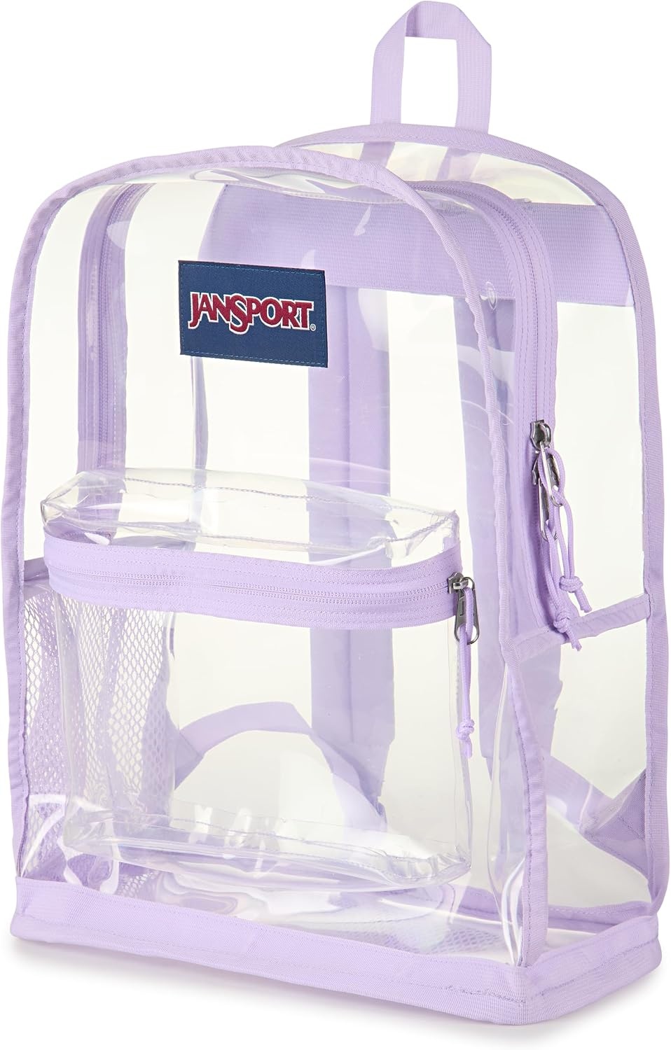 image:imageJanSport Clear Pack 255L Transparent Backpack Large Main Compartment Side Water Bottle Pocket Front Zippered Pocket Mesh Bottom Panel ClearPastel Lilac