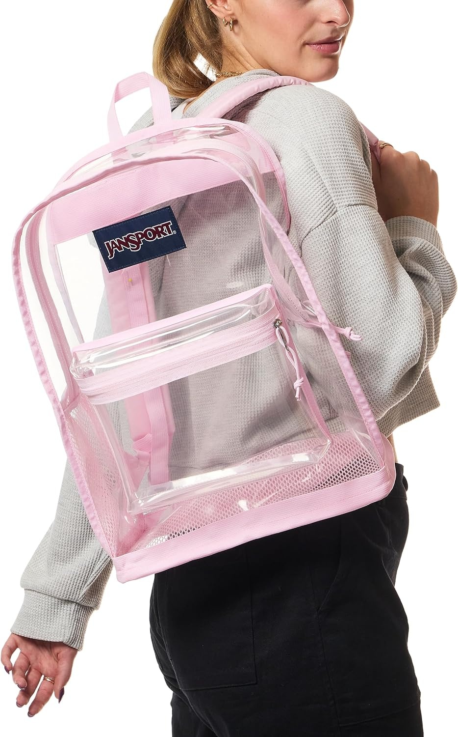 image:imageJanSport Clear Pack 255L Transparent Backpack Large Main Compartment Side Water Bottle Pocket Front Zippered Pocket Mesh Bottom Panel ClearPink Ice