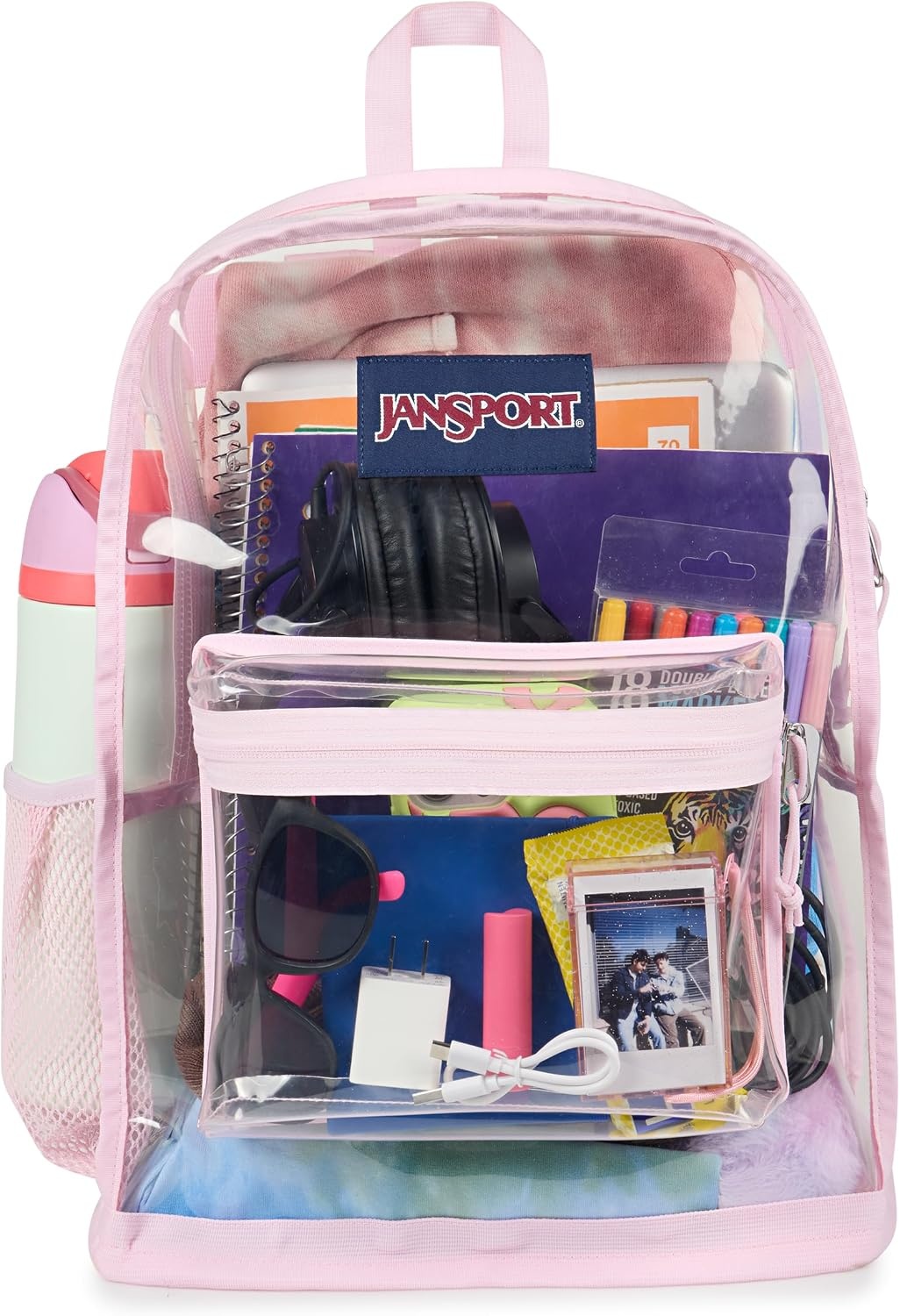 image:imageJanSport Clear Pack 255L Transparent Backpack Large Main Compartment Side Water Bottle Pocket Front Zippered Pocket Mesh Bottom Panel ClearPink Ice