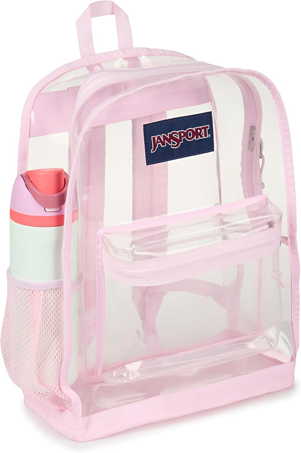 image:imageJanSport Clear Pack 255L Transparent Backpack Large Main Compartment Side Water Bottle Pocket Front Zippered Pocket Mesh Bottom Panel ClearPink Ice
