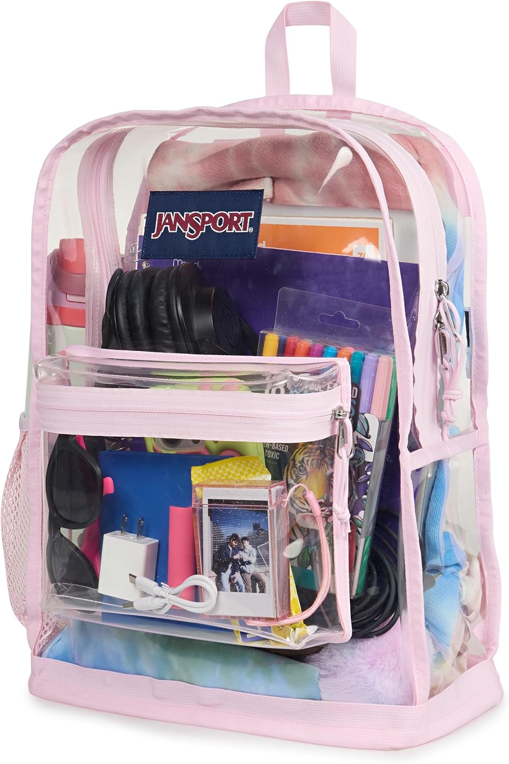 image:imageJanSport Clear Pack 255L Transparent Backpack Large Main Compartment Side Water Bottle Pocket Front Zippered Pocket Mesh Bottom Panel ClearPink Ice