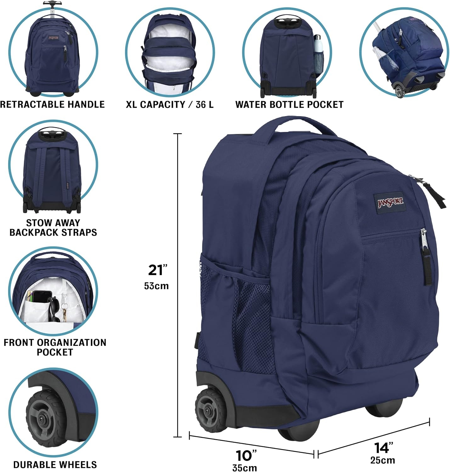 image:imageJanSport Driver 8 Rolling Backpack Wheeled Travel Bag with 15Inch Laptop Sleeve One Size Navy70s Space Dye Fresh Mint