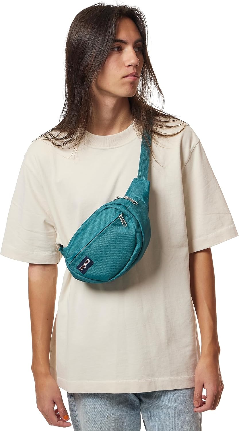 image:imageJanSport Fifth Avenue Fanny Pack Crossbody Bags for Women Men Stylish Durable Waist Bag with Adjustable Belt Main Zippered Pocket Quick Stash Pocket Travel Essentials BlackEmerald Pool