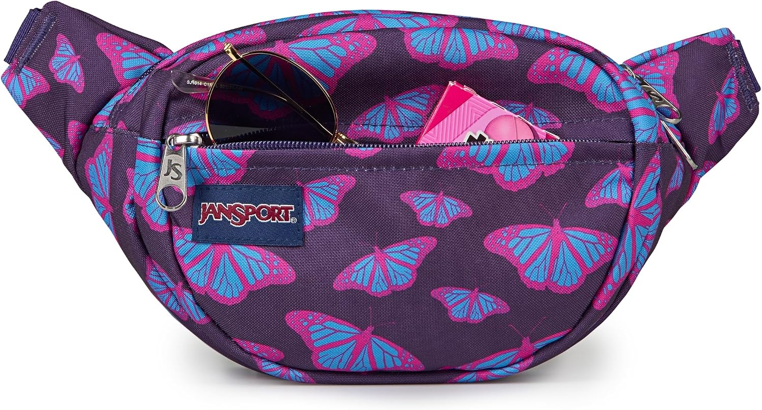 image:imageJanSport Fifth Avenue Fanny Pack Crossbody Bags for Women Men Stylish Durable Waist Bag with Adjustable Belt Main Zippered Pocket Quick Stash Pocket Travel Essentials BlackFlutter By Purple