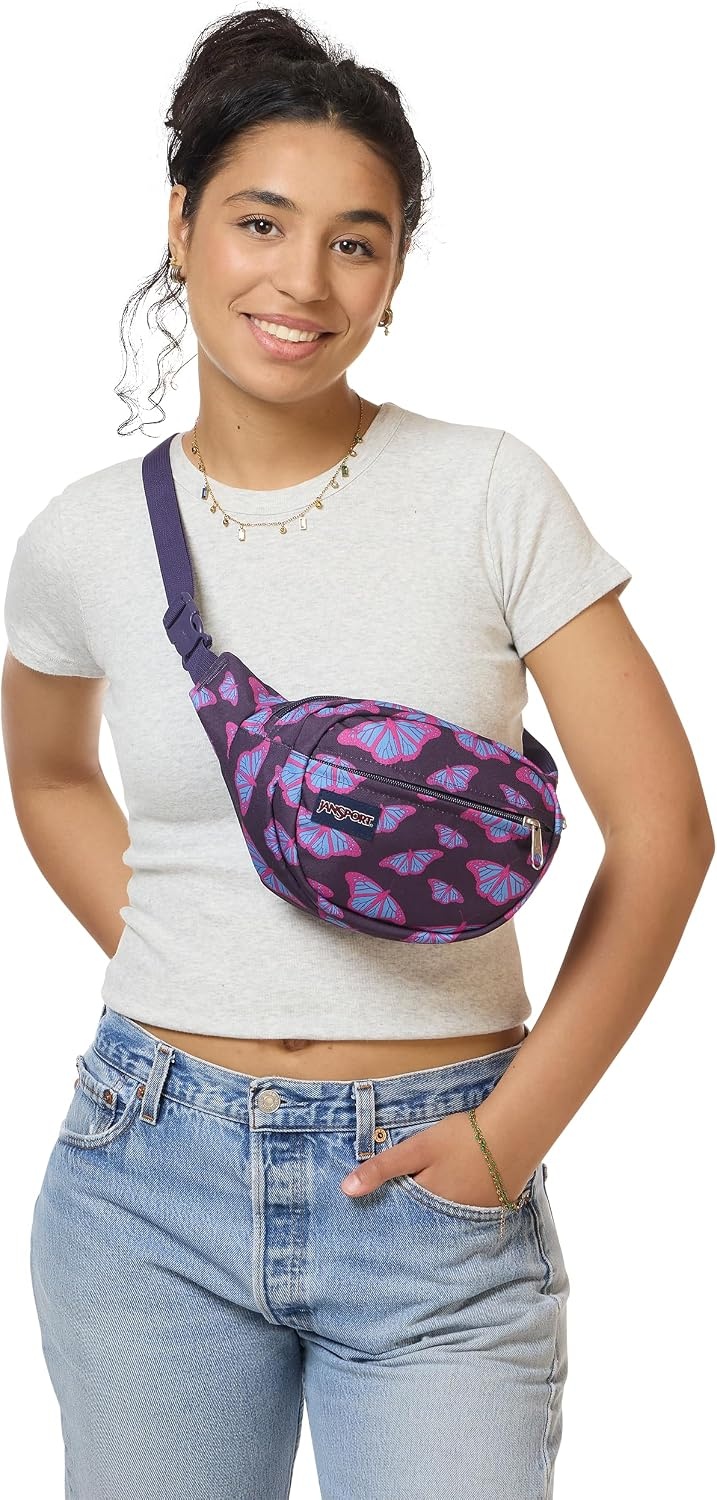 image:imageJanSport Fifth Avenue Fanny Pack Crossbody Bags for Women Men Stylish Durable Waist Bag with Adjustable Belt Main Zippered Pocket Quick Stash Pocket Travel Essentials BlackFlutter By Purple