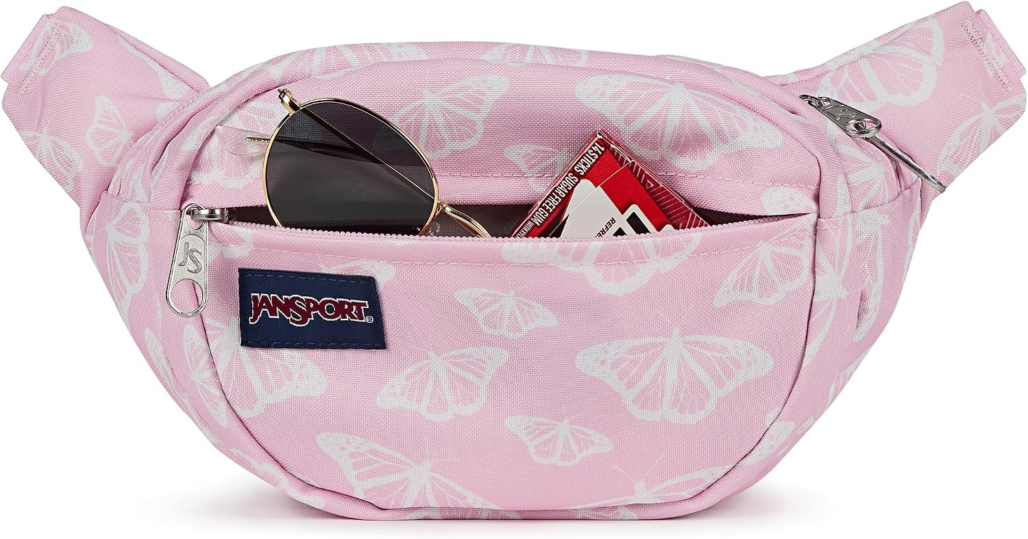 image:imageJanSport Fifth Avenue Fanny Pack Crossbody Bags for Women Men Stylish Durable Waist Bag with Adjustable Belt Main Zippered Pocket Quick Stash Pocket Travel Essentials BlackFlutter By Pink Ice