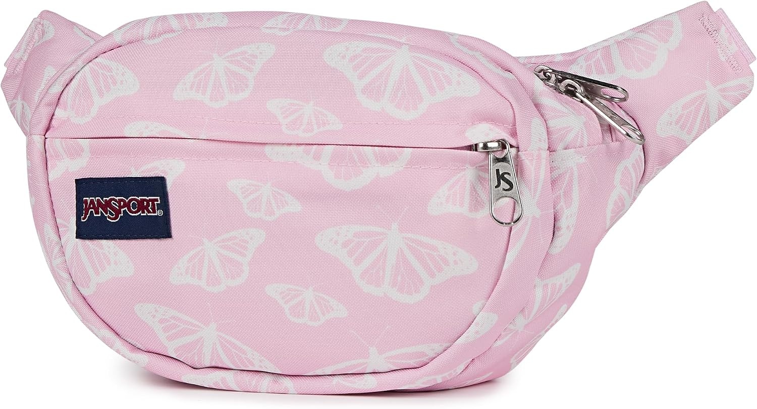 image:imageJanSport Fifth Avenue Fanny Pack Crossbody Bags for Women Men Stylish Durable Waist Bag with Adjustable Belt Main Zippered Pocket Quick Stash Pocket Travel Essentials BlackFlutter By Pink Ice