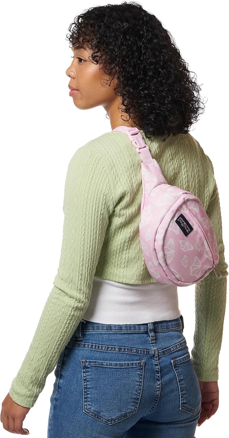 image:imageJanSport Fifth Avenue Fanny Pack Crossbody Bags for Women Men Stylish Durable Waist Bag with Adjustable Belt Main Zippered Pocket Quick Stash Pocket Travel Essentials BlackFlutter By Pink Ice