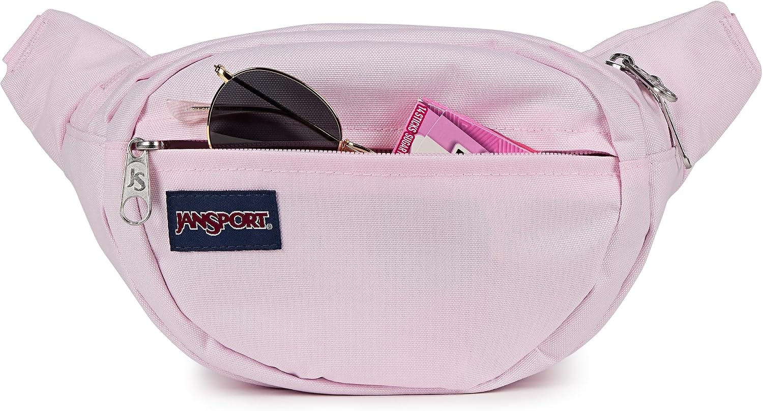 image:imageJanSport Fifth Avenue Fanny Pack Crossbody Bags for Women Men Stylish Durable Waist Bag with Adjustable Belt Main Zippered Pocket Quick Stash Pocket Travel Essentials BlackPink Ice