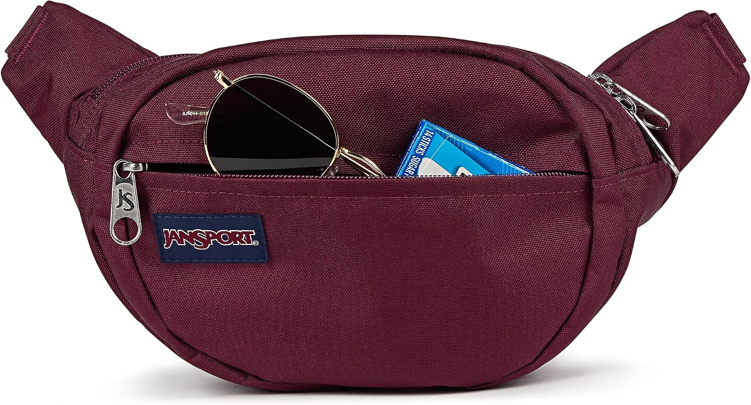 image:imageJanSport Fifth Avenue Fanny Pack Crossbody Bags for Women Men Stylish Durable Waist Bag with Adjustable Belt Main Zippered Pocket Quick Stash Pocket Travel Essentials BlackCherry Lacquer