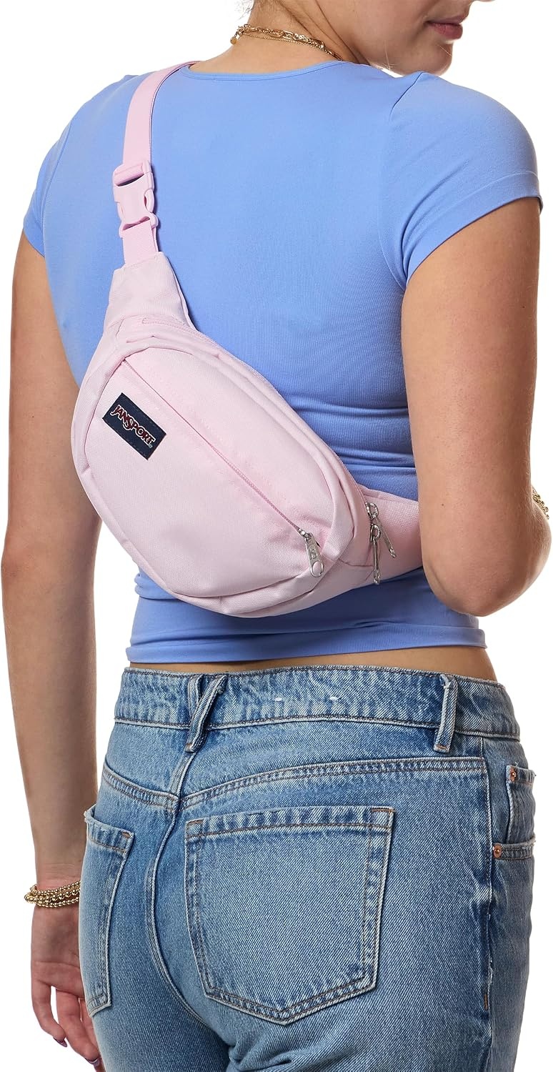 image:imageJanSport Fifth Avenue Fanny Pack Crossbody Bags for Women Men Stylish Durable Waist Bag with Adjustable Belt Main Zippered Pocket Quick Stash Pocket Travel Essentials BlackPink Ice