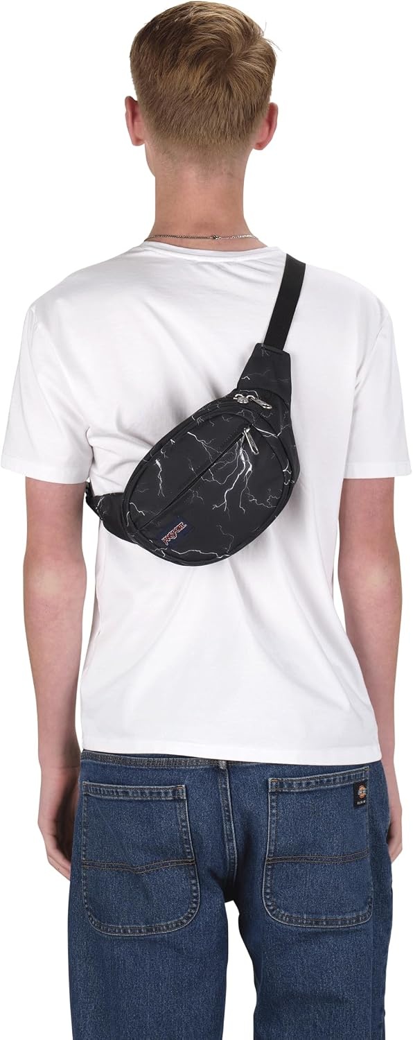 image:imageJanSport Fifth Avenue Fanny Pack Crossbody Bags for Women Men Stylish Durable Waist Bag with Adjustable Belt Main Zippered Pocket Quick Stash Pocket Travel Essentials BlackElectric Bolts