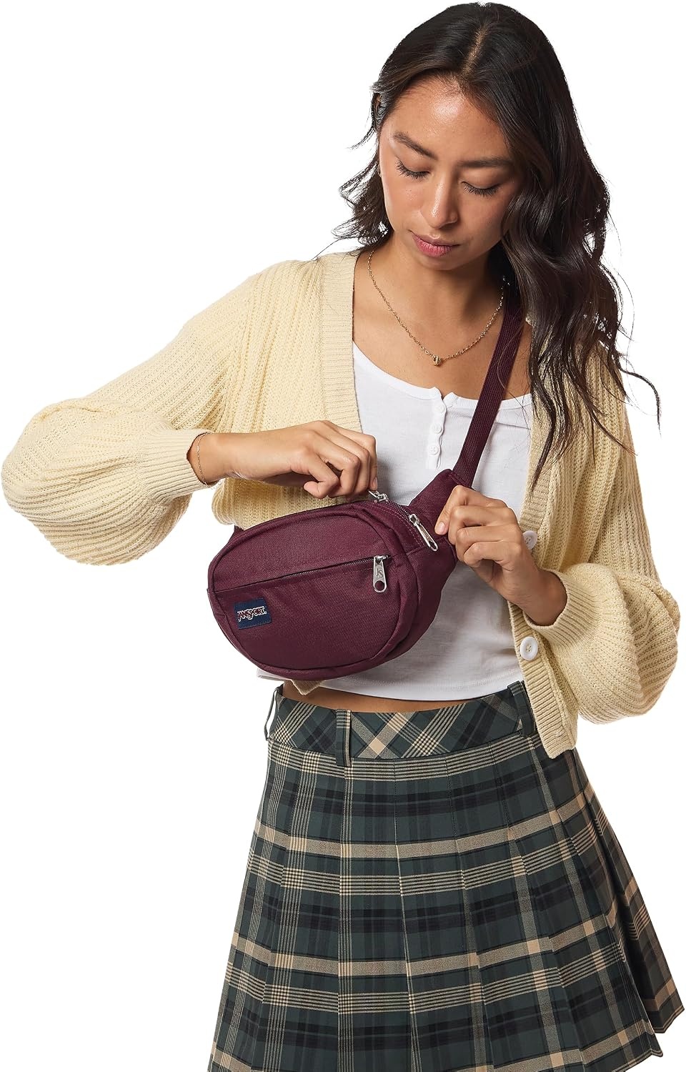 image:imageJanSport Fifth Avenue Fanny Pack Crossbody Bags for Women Men Stylish Durable Waist Bag with Adjustable Belt Main Zippered Pocket Quick Stash Pocket Travel Essentials BlackCherry Lacquer