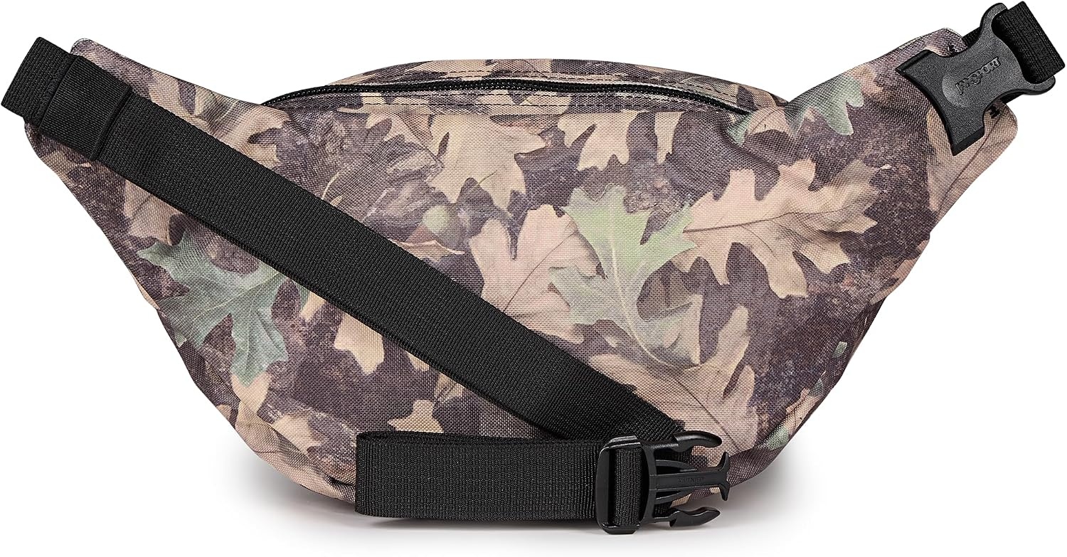 image:imageJanSport Fifth Avenue Fanny Pack Crossbody Bags for Women Men Stylish Durable Waist Bag with Adjustable Belt Main Zippered Pocket Quick Stash Pocket Travel Essentials BlackWoodland Camo Green