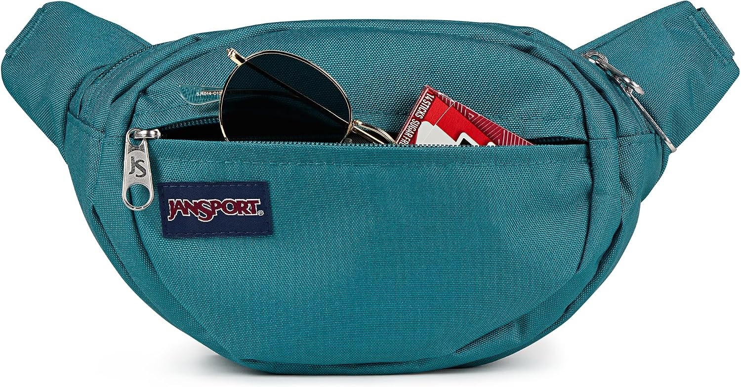 image:imageJanSport Fifth Avenue Fanny Pack Crossbody Bags for Women Men Stylish Durable Waist Bag with Adjustable Belt Main Zippered Pocket Quick Stash Pocket Travel Essentials BlackEmerald Pool
