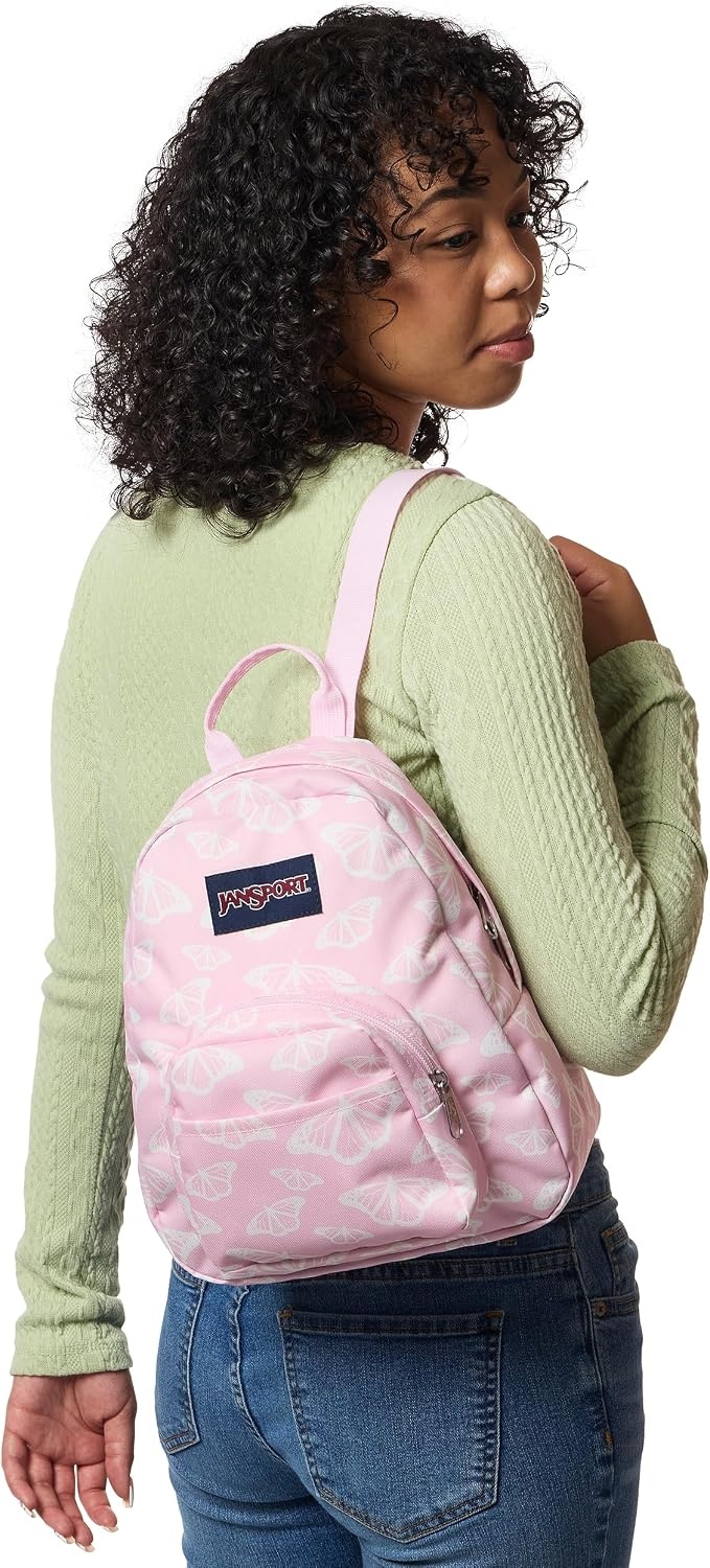 image:imageJanSport Half Pint Mini Backpack 102 L Durable Mini Bag Purse with Adjustable Shoulder Straps Single Main Compartment Zippered Stash Pocket BlackFlutter By Pink IceWhitePink Ice