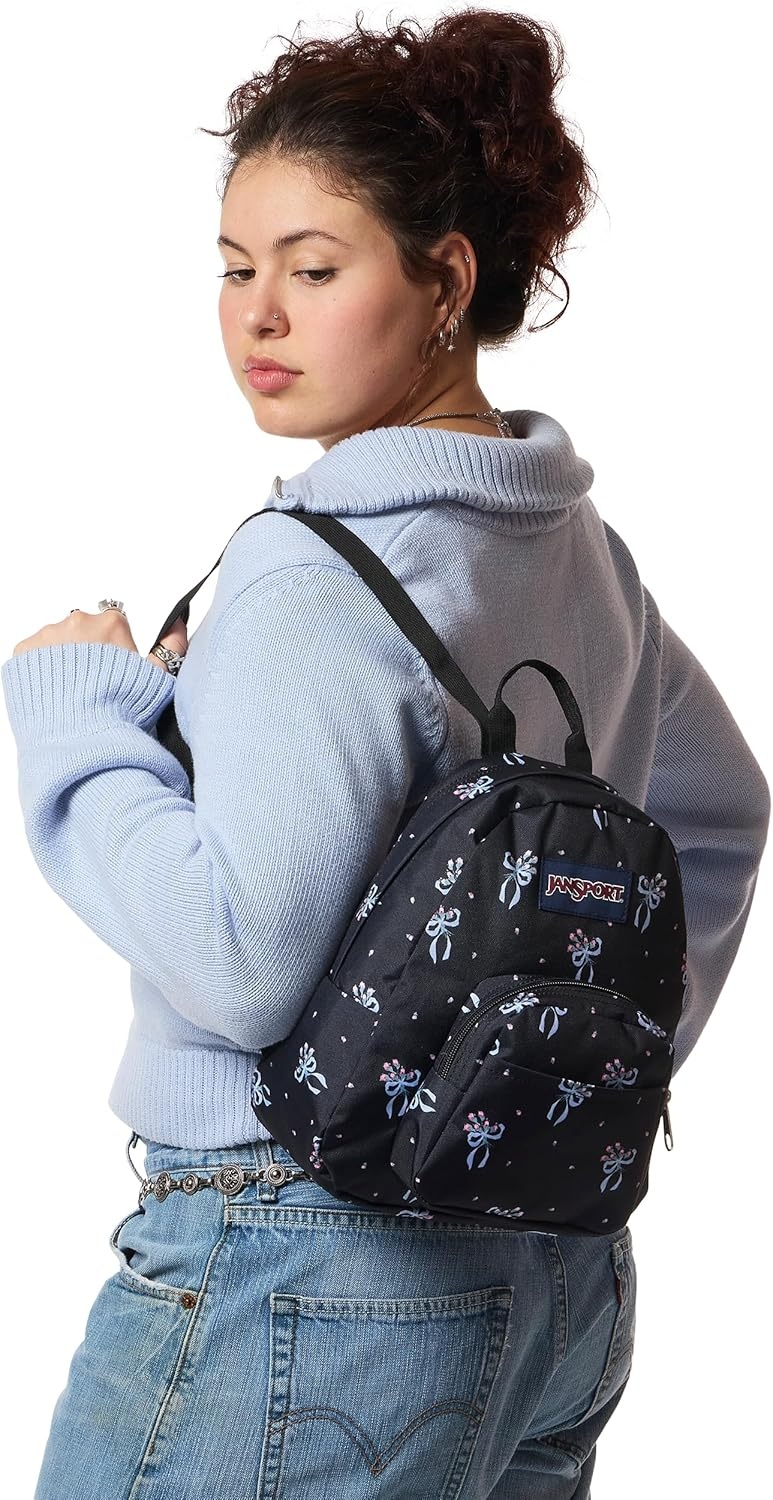 image:imageJanSport Half Pint Mini Backpack 102 L Durable Mini Bag Purse with Adjustable Shoulder Straps Single Main Compartment Zippered Stash Pocket BlackPastel Petals BlackBluePinkGreen