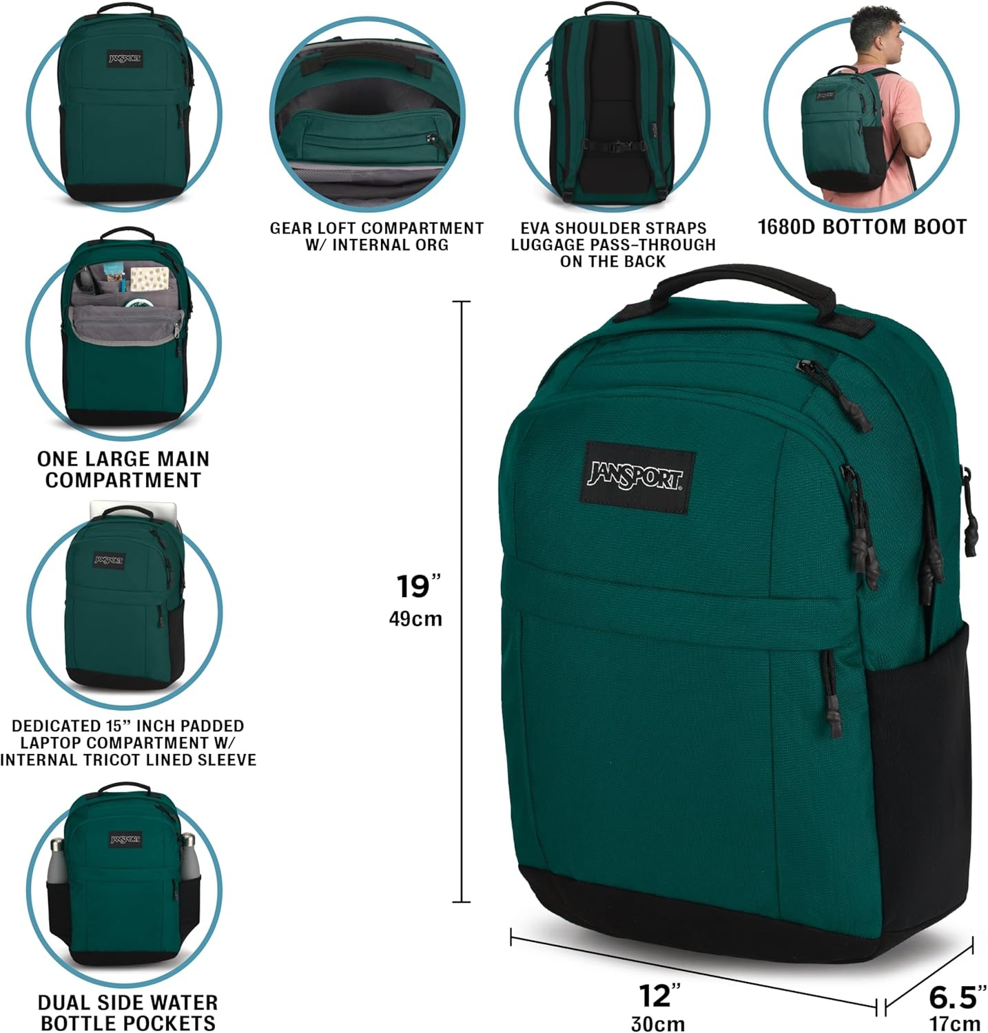 image:imageJanSport Landings Pack Large Backpack with Soft Back Panel Dual Water Bottle Pockets 15Inch Padded Laptop Compartment WhiteElemental Blue