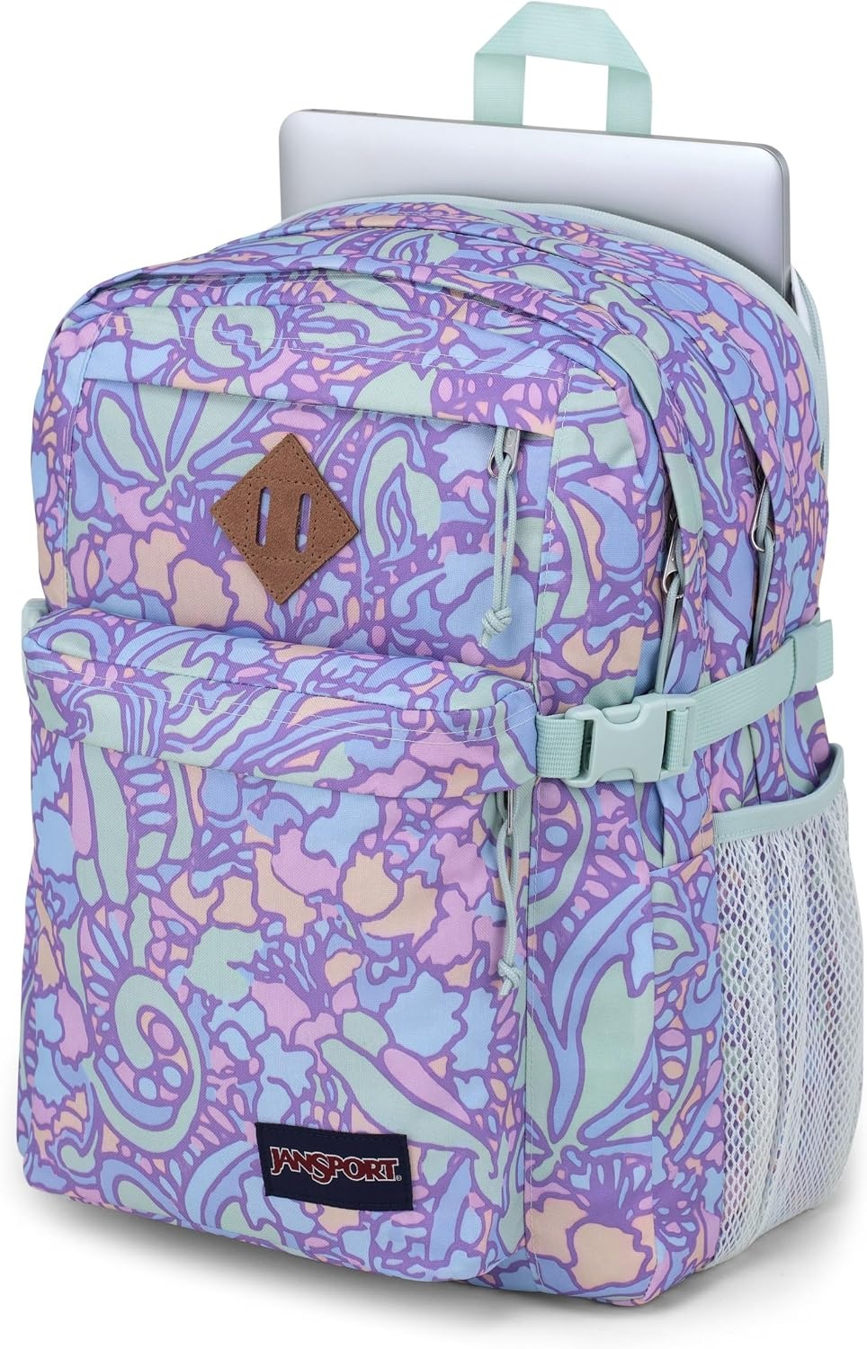 image:imageJanSport Main Campus Backpack Travel or Work Backpack with 15Inch Laptop Sleeve and Dual Water Bottle Pockets Surreal SwirliesFluid Floral Pastel Lilac