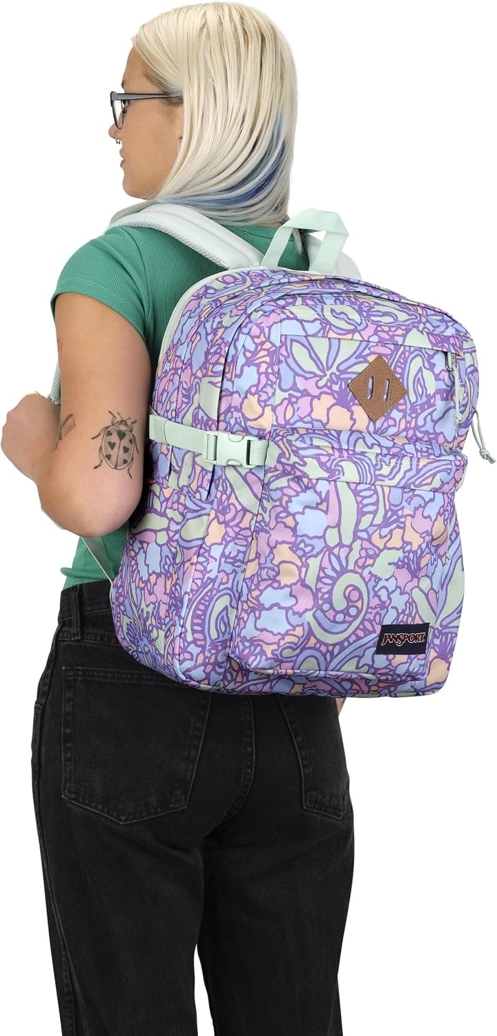 image:imageJanSport Main Campus Backpack Travel or Work Backpack with 15Inch Laptop Sleeve and Dual Water Bottle Pockets Surreal SwirliesFluid Floral Pastel Lilac