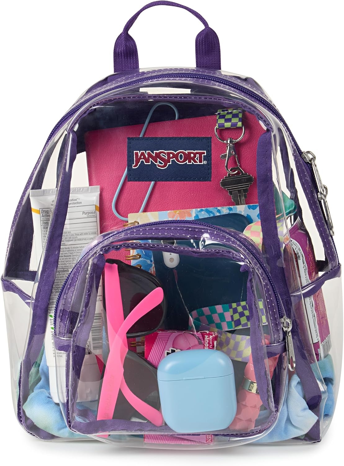 image:imageJanSport Mini Pack Lightweight 10L Backpack with Adjustable Straps and Front Zipper Pocket Perfect for Travel Concerts amp Everyday Use ClearGrape Jelly