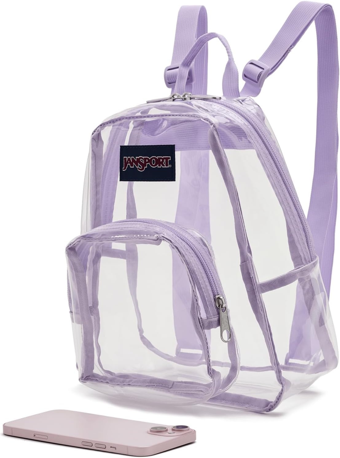 image:imageJanSport Mini Pack Lightweight 10L Backpack with Adjustable Straps and Front Zipper Pocket Perfect for Travel Concerts amp Everyday Use ClearPastel Lilac
