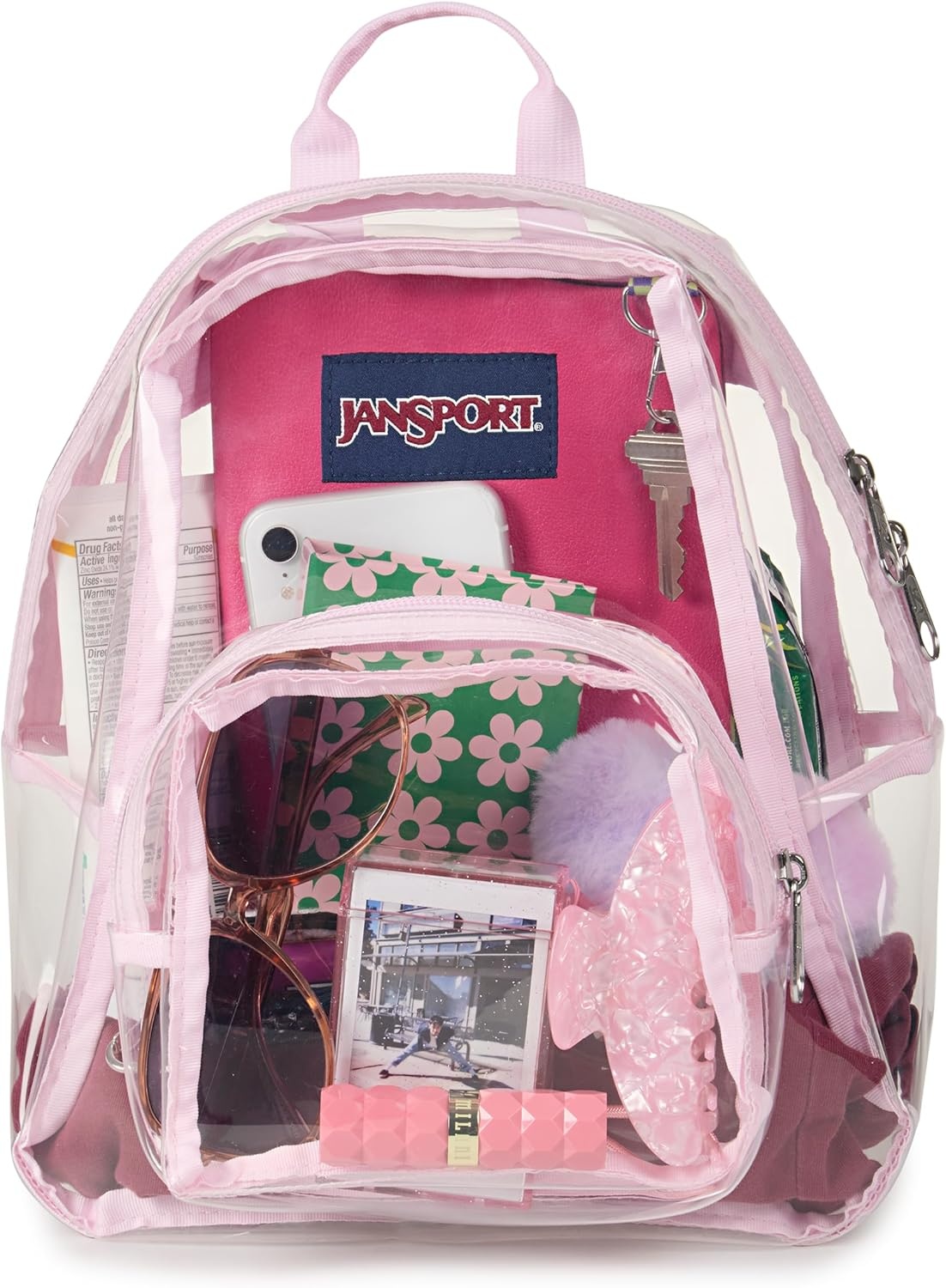 image:imageJanSport Mini Pack Lightweight 10L Backpack with Adjustable Straps and Front Zipper Pocket Perfect for Travel Concerts amp Everyday Use ClearPink Ice