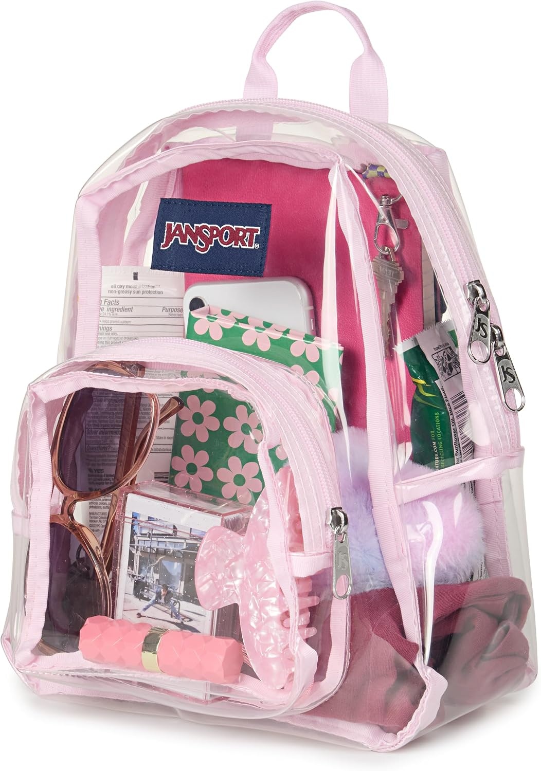image:imageJanSport Mini Pack Lightweight 10L Backpack with Adjustable Straps and Front Zipper Pocket Perfect for Travel Concerts amp Everyday Use ClearPink Ice