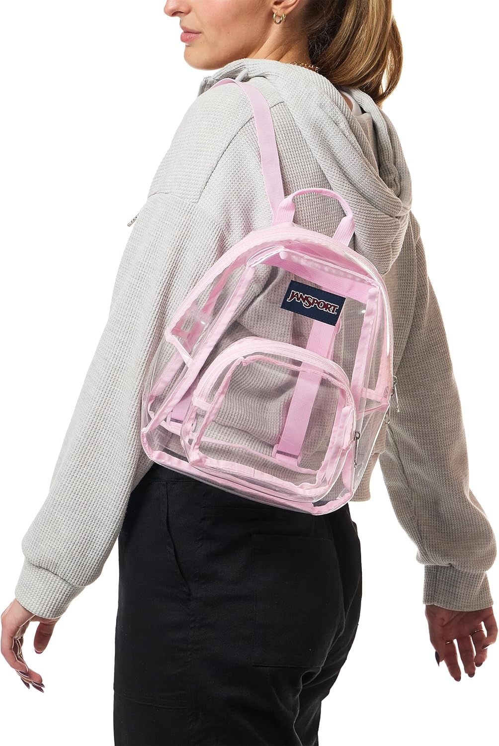 image:imageJanSport Mini Pack Lightweight 10L Backpack with Adjustable Straps and Front Zipper Pocket Perfect for Travel Concerts amp Everyday Use ClearPink Ice